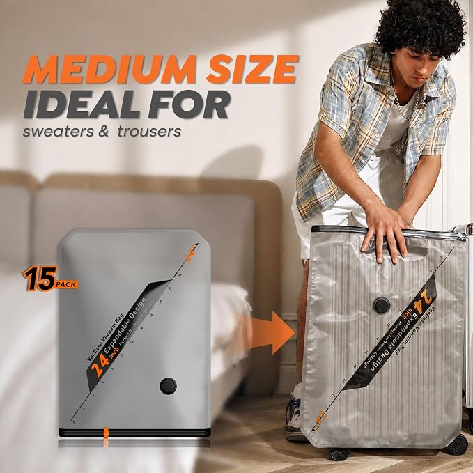 Rechargeable Wireless Pump Travel Storage Bags Set - 15 Pack Medium Size Vacuum Bags for Travel & Home, Space-Saving Compression Packing for Clothes, Blankets & Bedding