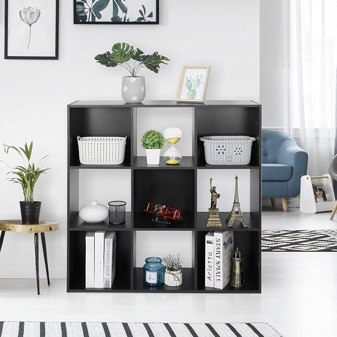 9-Cube Storage Organizer,Wooden Bookshelf Cube Storage,Freestanding Bookcase w/5 Removable Back Panels,Display Shelf Bedroom, Living Room, Home,Office,Study,Black