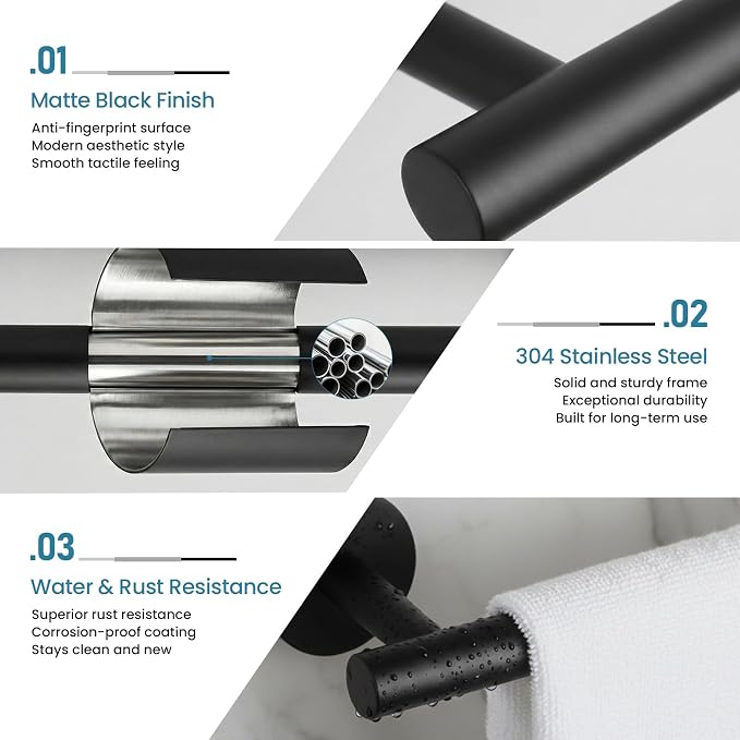 Towel Bar, 24 Inch Towel Racks for Bathroom Wall Mounted, SUS304 Stainless Steel Bathroom Towel Holder, Modern Home Decor Towel Rod and Kitchen Towel Shelf (Matte Black)