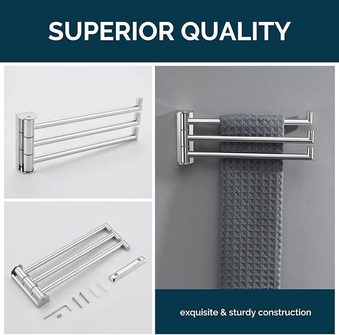 Angle Simple Swivel Hand Towel Rack, Foldable 3 Bars, Polished Chrome | Solid SUS304 Stainless Steel, Kitchen Towel Holder, Triple Arms Space Saving, 9.84"