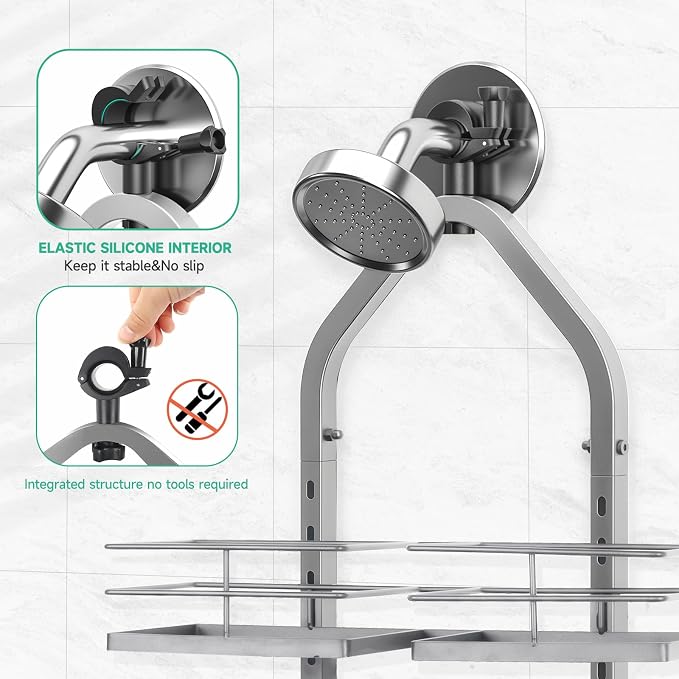 Shower Caddy Hanging for Handheld Showerheads Adjustable Hagging Shower Caddy, Stainless Steel Hose Hanging Shower Organizer 4 Levels Height Shower Rack (Sliver)