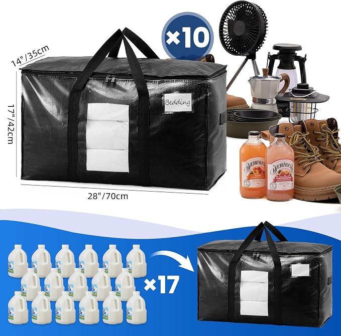 TAILI Extra Large Moving Bags, 10 Pack Black Heavy Duty Totes For Storage with Visible Window, Wrap Around Handles, Storage Bags for Space Saving, Alternative to Moving Boxes