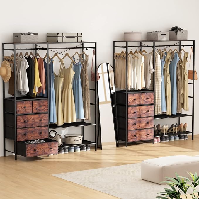 Freestanding Clothes Rack with 5 Drawers & 4 Storage Shelves,2 Hanging Rods | 59.1" W*70.9" H Heavy Duty Clothing Rack, Wardrobe Closet Organizer System with 5 Hooks, Garment Rack (Rustic)