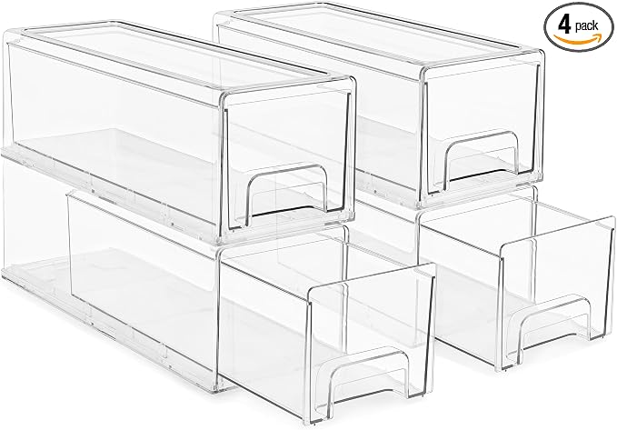 Sorbus Small Wide Clear Stackable Storage Drawers – 4-Pack Plastic Organizer Bins with Handles – Stackable Pull-Out Storage Drawers for Closet, Pantry, Office, Bathroom, Craft, and Toy Organization