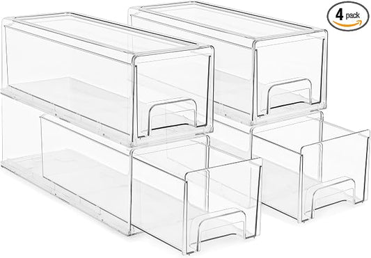 Sorbus Small Wide Clear Stackable Storage Drawers – 4-Pack Plastic Organizer Bins with Handles – Stackable Pull-Out Storage Drawers for Closet, Pantry, Office, Bathroom, Craft, and Toy Organization