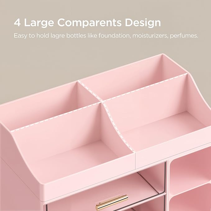 HBlife Makeup Organizer Countertop with Brush Holder,Large Bathroom Counter Organizer with Drawers,Skincare Organizers for Vanity,Plastic Dresser Organizer Storage Gift for Women Girl Mom,Pink