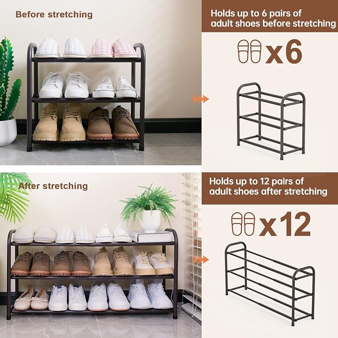 Gonfoam Expandable 3-Tier Shoe Rack for Closet and Entryway, Bronze | Tool-Free Assembly, Metal Material, Adjustable Shoe Organizer, Sturdy, Small Space Solution, Dorms, Garages, Apartments.
