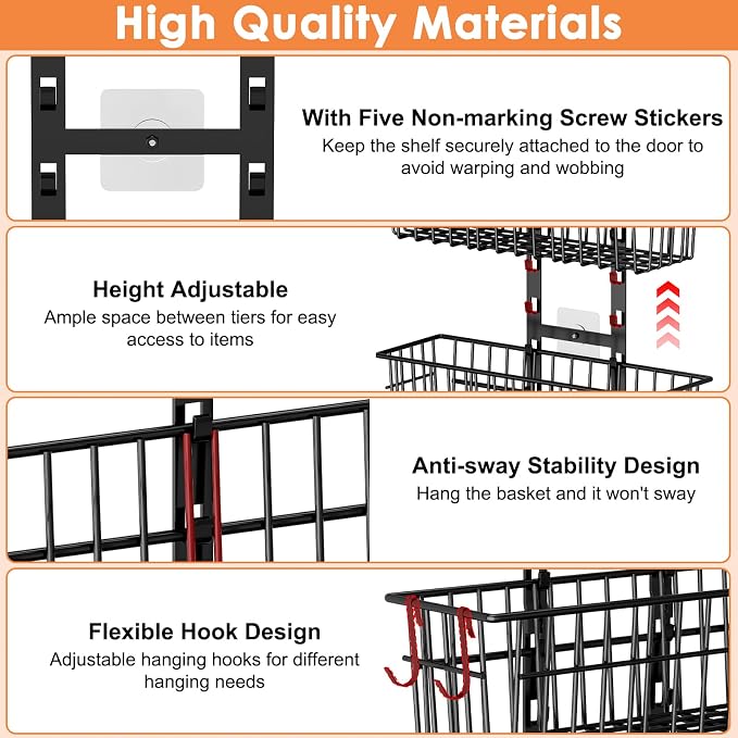 Hongtamoya 8 Tier Over The Door Organizer, Adjustable Hanging Door Organizer with 8 Wire Baskets 6 Hooks, Behind The Door Storage for Pantry Closet Bedroom Bathroom Cabinet Kitchen Laundry Room, Black