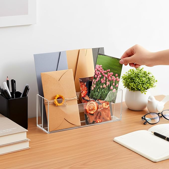 Noamus 2 Pack Acrylic Mail Organizer for #10 Envelopes, 2 Slot Wall-Mounted Letter Holder, Clear Hanging File Rack, Countertop File Sorters Box for Desk Bill Filling, Home Office School Workspace