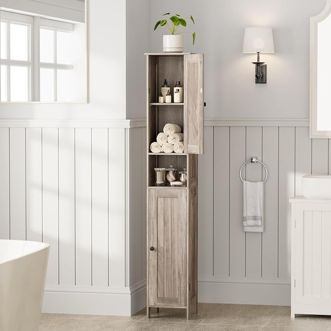 Homleke Tall Bathroom Storage Cabinet with 2 Doors, Slim Bathroom Cabinet | Narrow Storage Cabinet with Adjustable Shelves, Anti-Tip Design, Reversible Door, Easy Assembly, Greige, 11.8''W
