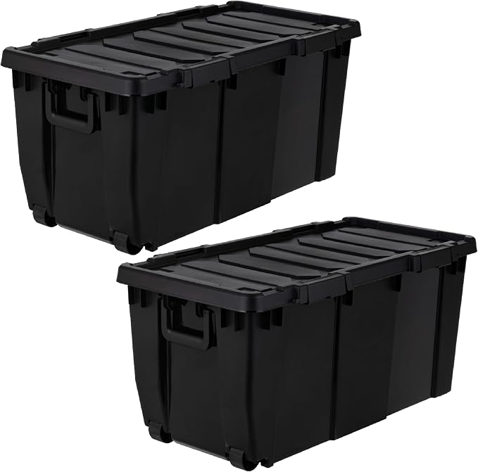 IRIS USA 2-Pack 32 Gal Heavy Duty Rolling Storage Totes with lids, Black | Integrated wheels make transporting heavy loads easier, Great for garages, workshops, camping gear and large equipment