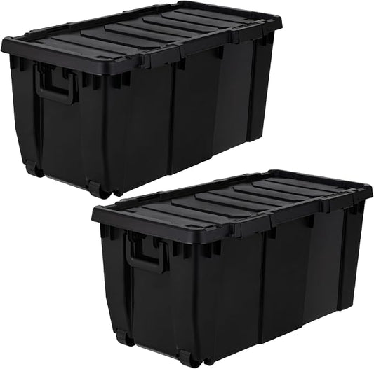 IRIS USA 2-Pack 32 Gal Heavy Duty Rolling Storage Totes with lids, Black | Integrated wheels make transporting heavy loads easier, Great for garages, workshops, camping gear and large equipment