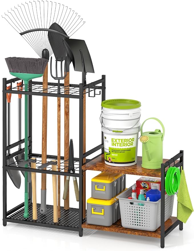 DAOUTIME Garage Tool Organizer with 2-tier Wooden Shelves, Yard Tool Organizer for Garage with 6 Hooks, Heavy duty Steel Garden Tool Rack Holds up to 35 Long Handled Yard tools for Storage, Black