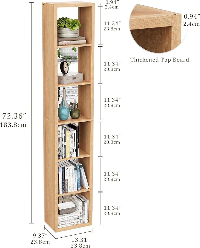 VDNEND Tall Cube Storage Organizer Bookcase, 6 Tier 11 inch Open Back Cubical Shelf with Thickened Border, Display Bookshelf for Living Room, Home Office, Sturdy Room (Natural Oak, 6 Cube,Vertical)