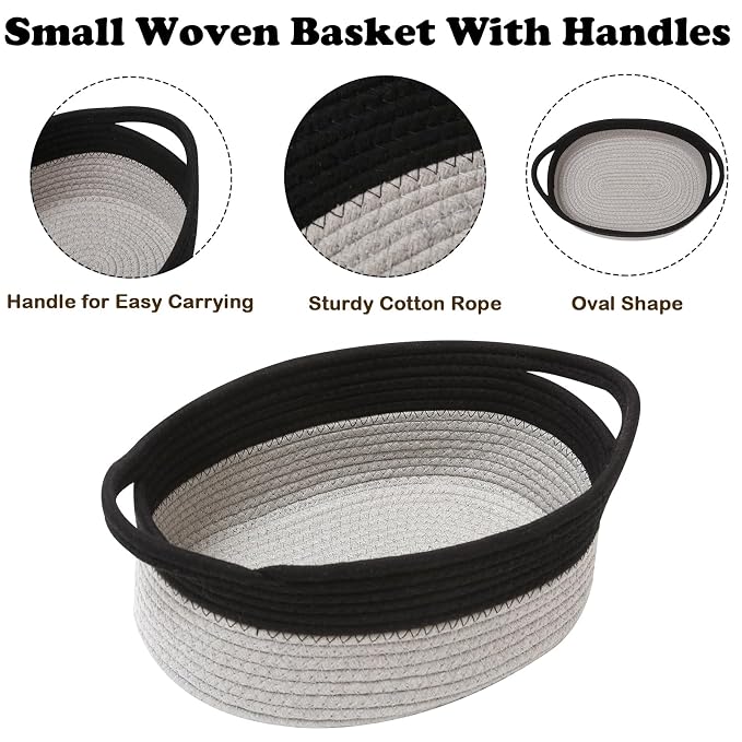 Woven Rope Basket - Baby Gift Basket with Bag & Ribbon, Black&Grey | Cotton rope with handle, 12 x 8 x 5 in, gift bag and ribbon, for baby shower, birthday, toy storage, nursery, shelf decor