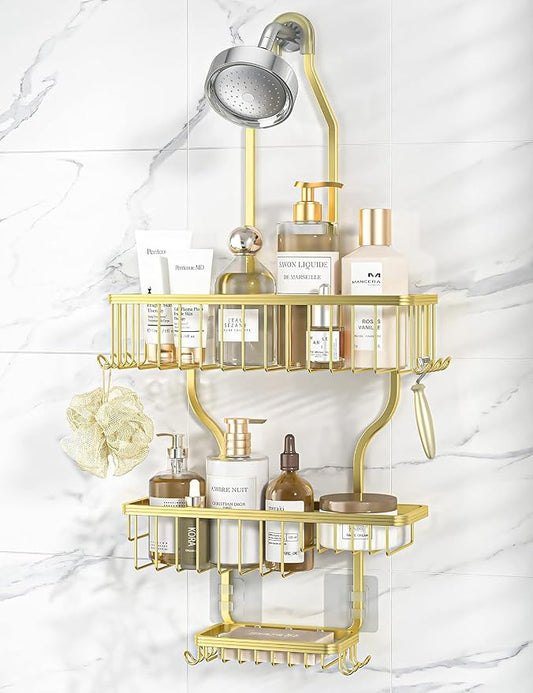 YASONIC Never Rust Shower Caddy Hanging, Aluminum Shower Racks for Inside Shower, 3-Tier Shower Organizer Hanging Over Shower Head with Hooks and Soap Holder, Gold