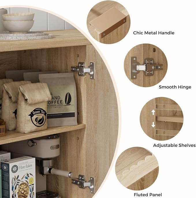 Homleke Fluted Buffet Cabinet with Storage, Modern Sideboard Cabinet | Double Doors, Adjustable Shelf, Accent Buffet Table for Kitchen, Dining Room, Living Room, Entryway & Hallway, Natural