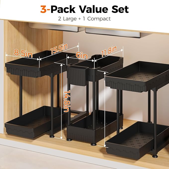 Sevenblue 3-Pack 2-Tier Under Sink Organizers with Sliding Drawers | Multi-use kitchen & bathroom storage, 14.8 inch 2-Tier Sliding cabinet organizer, space-saving sliding drawer design.