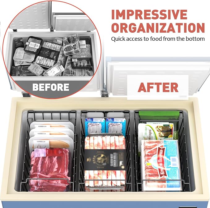 Goovilla Freezer Organizer Bins for 5-7 Cu.FT Chest Freezer, 4 Pack Black | Foldable Handle Stackable Freezer Baskets, Coated Metal Freezer Storage Bins with Better Space Utilization, Deep Organization