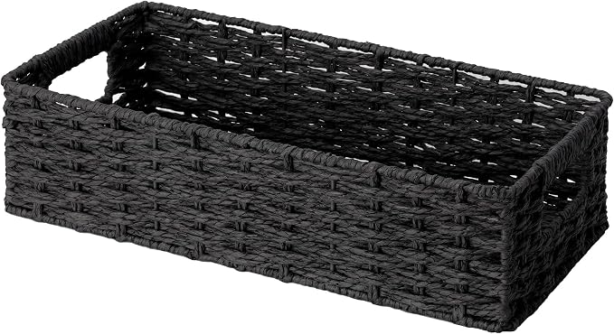 StorageWorks Toilet Basket Tank Topper, Bathroom Basket Organizer, Black | Paper Rope Toilet Paper Baskets for Back of Tank, Small Wicker Basket with Built-in Handles for Rustic Bathroom Decor