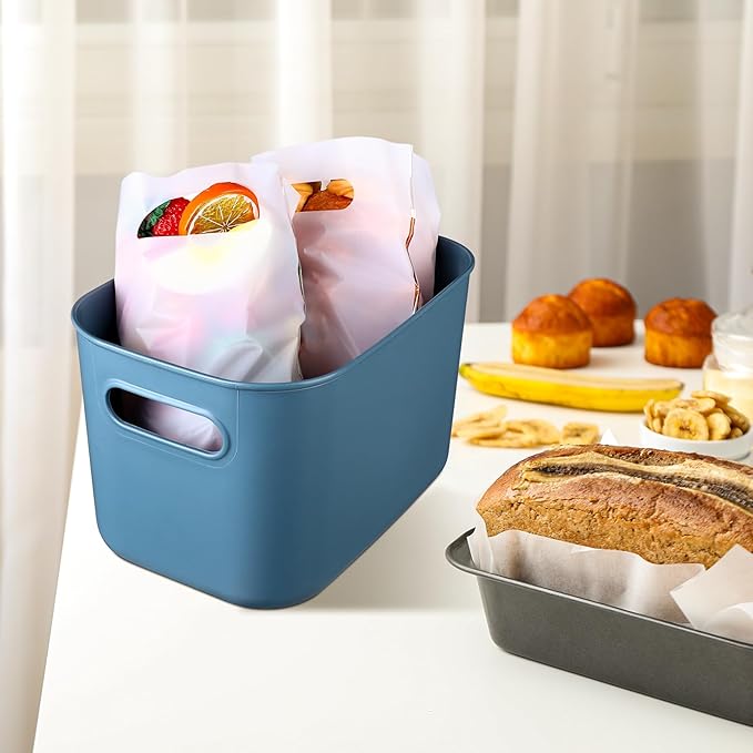 8 Pieces Colorful Storage Bins with Lid, Plastic Storage Basket Organizing Container Stackable Box with Handle for Shelves Desktop Playroom Office(10.2 x 7 x 6.3 Inch,Blue)