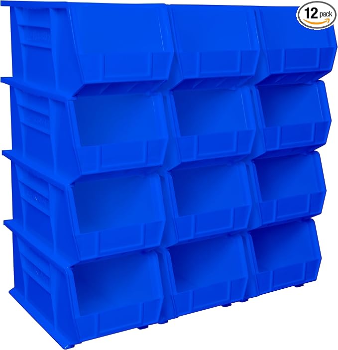 Akro-Mils 30240 AkroBins Plastic Storage Bins, 15"x8"x7", Blue, 12-Pack | Space-Saving Stackable Bins for Garage, Pantry, Craft Organization
