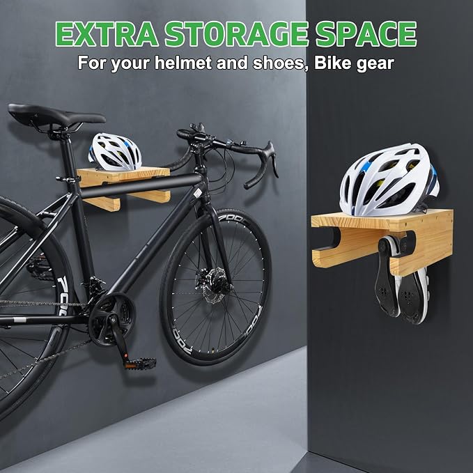 Wooden Bike Wall Mount Rack with Shelf and Hooks, Bike Hanger Wall Mount | Wood Wall Mount Bike Hangers for Garage, Space-Saving Indoor Bike Wall Mount Horizontal Storage Rack for Single Road Bicycle