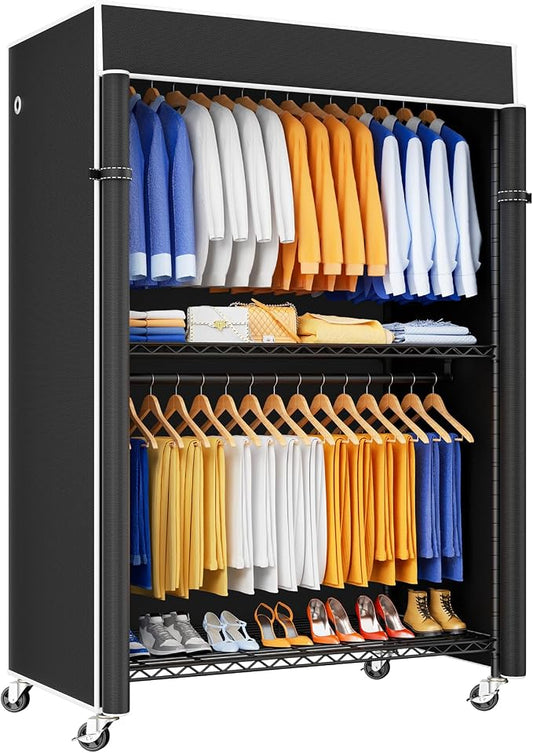 ULIFHOME P8C Pro Heavy Duty Clothes Rack（With Extended Width Design） Rolling Clothing Racks for Hanging Clothes with Lockable Wheels，42" W x 15.8" D x 80.5" H，Load 700LBS，Black Rack with Black Cover