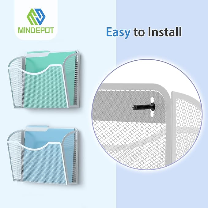 MINDEPOT Wall File Organizer, Hanging Wall File Holder, 3 Pack, Silver | Heavy Duty Iron, Metal Mesh Wall Mount, Single Pocket, Mail Organizer, for Office School Classroom Home, Letter A4 Size