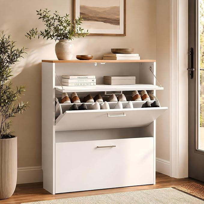 VINGLI Shoe Cabinet for Entryway, Slim Shoe Rack Storage Organizer with 3 Flip Drawers, Modern White Hidden Shoe Shelf with Oak Top, Narrow Free Standing Sneaker Cabinet for Hallway, 9.5" Depth