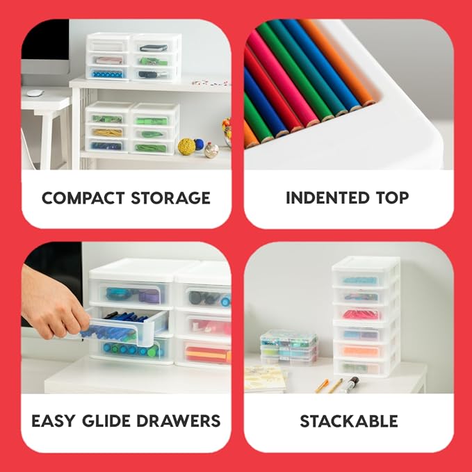 IRIS USA 4-Pack 3-Drawer Small Desktop Organizer, Stackable, White | Organize office supplies, stationery, makeup, craft materials and everyday essentials for neat desktop storage