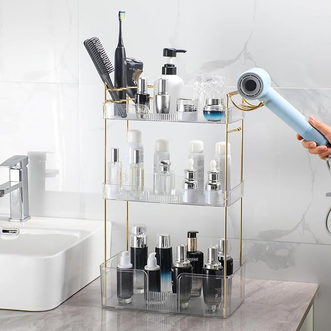Akinbas 3 Tier Bathroom Organizer Countertop Makeup Perfume Tray Skincare Organizer Comes with Hair Dryer Rack and Toothbrush Holder for Bathroom Dresser Vanity (White)