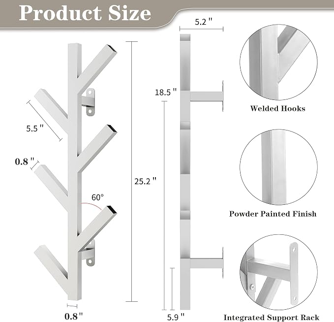 Vlush Wall Mounted Metal Coat Rack with 6 Hooks Modern Minimalist & Upright Coat Rack for Hanging Clothes, Hats, Hanging Bags and Scarves Entrance Wall Iron Coat Racks (White)