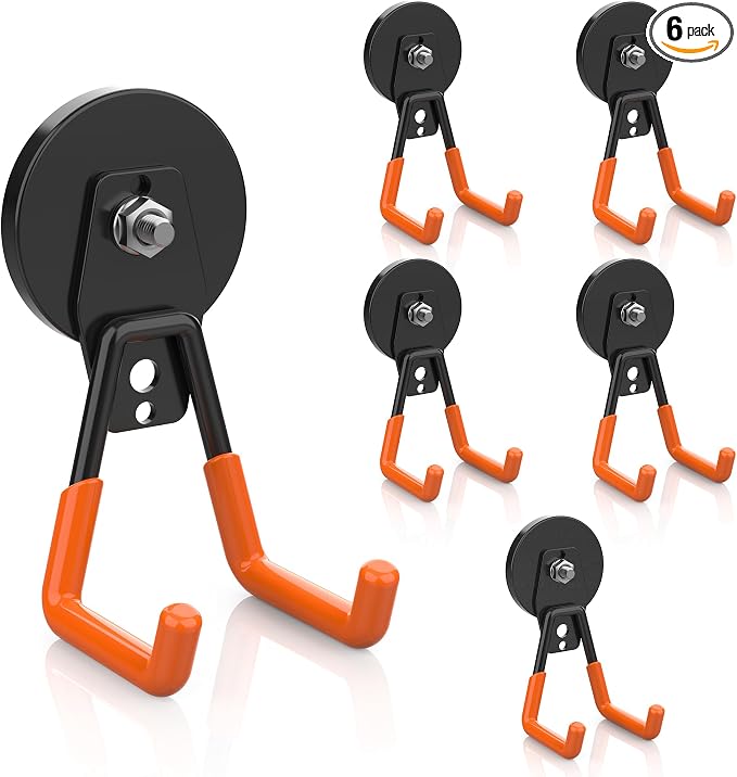 Magnetic Utility Hooks Heavy Duty, 6 Pack 2.6in Large Strong Magnet Utility Hooks, Magnetic Garage Hangers/Holder With Rubber Coating For Power Drill, Tool Storage, Indoor & Outdoor Hanging (Orange)