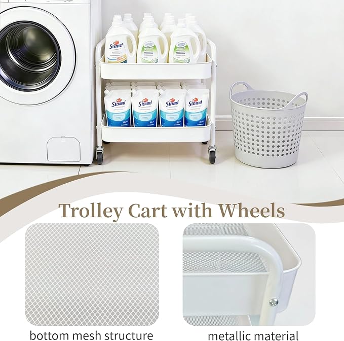 2 Pack Two Tier Rolling Cart with Wheels Small Pantry Floor Organizer Under Desk Storage Metal Short Utility Cart for Small Space, Kitchen Shelf Laundry Room Bathroom Organization, White