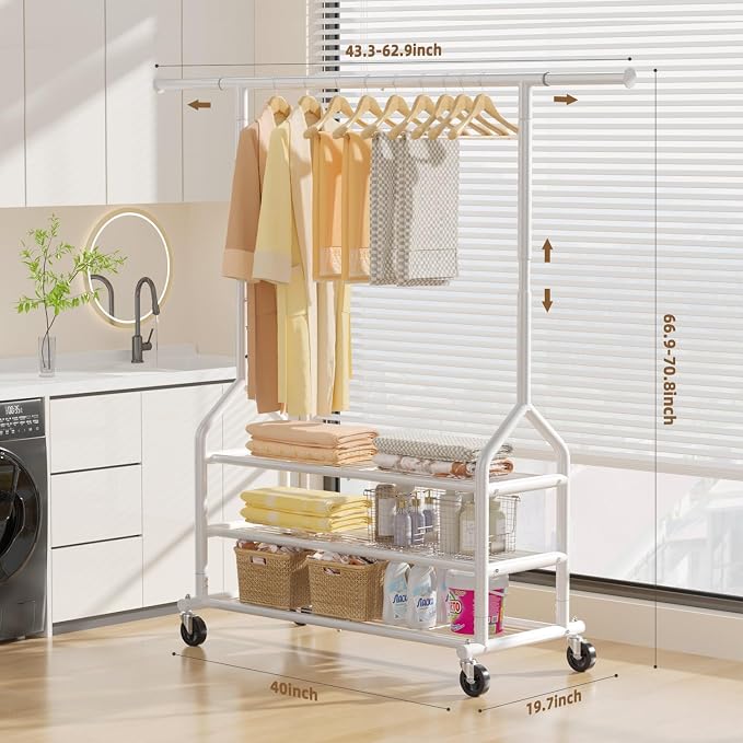 EAGMAK Heavy Duty Clothes Rack Load 688 LBS, Rolling Clothing Rack With 3 Shelves, Adjustable Metal Clothes Hanger with Wheels Portable Wardrobe Organizer Garment Rod for Hanging Clothes (White)