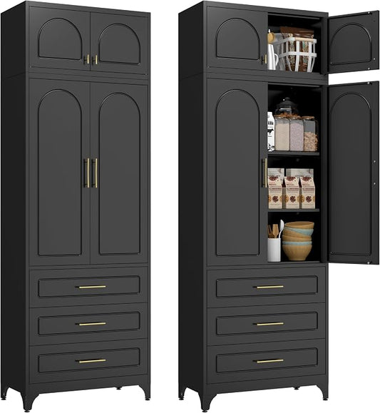 Polup Kitchen Pantry Cabinet, 90" Tall Metal Storage Cabinet with 3 Drawers | Black Heavy-Duty Steel Cupboard, 4 Doors, 2 Adjustable Shelves, Magnetic Latch, Gold Handles, for Dining Living Room, Laundry