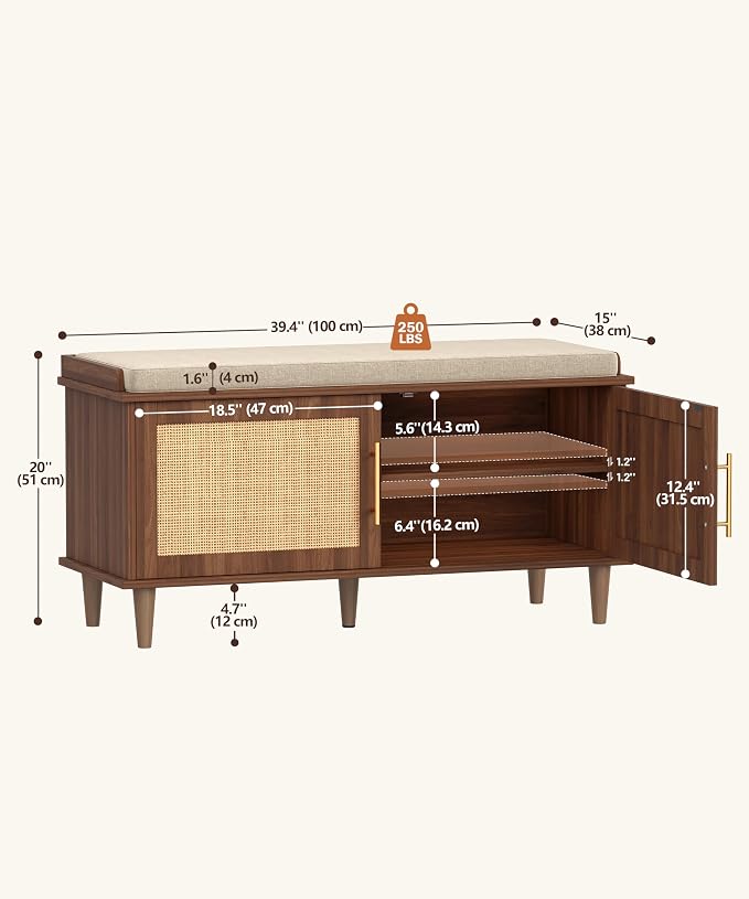 Akxomel 39.4" Rattan Shoe Storage Bench 2 Doors Entryway Bench Walnut | 2 Tier Shoe Bench with Padded Cushion, Adjustable Shelves and 2 Doors, Solid Wood Legs, for Hallway, Living Room, Bedroom