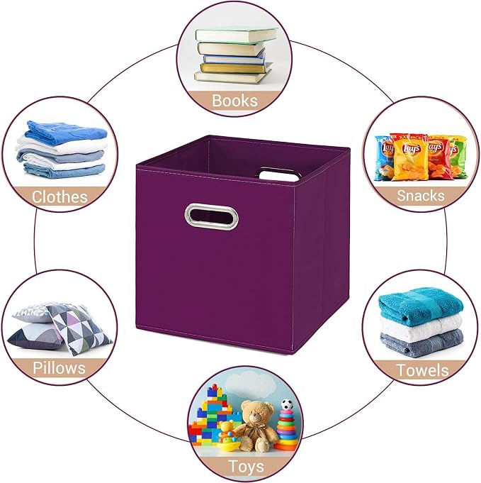Fabric Cloth Storage Bins,Fabric Cube Bins Organizer with Dual Handles Foldable Cube Storage Baskets for Home Bedroom Storage,Set of 3,(Purple)