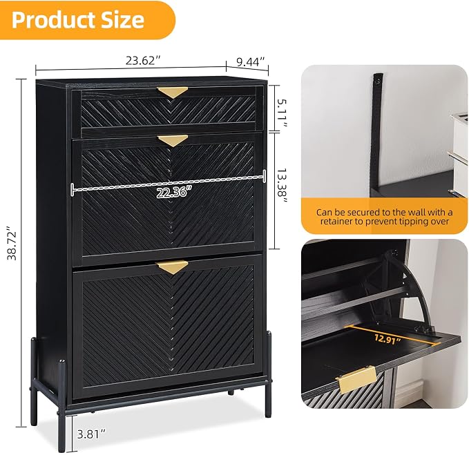 Shoe Cabinet with 2 Flip Drawers, Narrow Entryway Rack, Black | Slanted Wood Grain, Freestanding, Adjustable Compartments, Removable Middle Shelf, Metal Handles, for Hallway Foyer Entrance