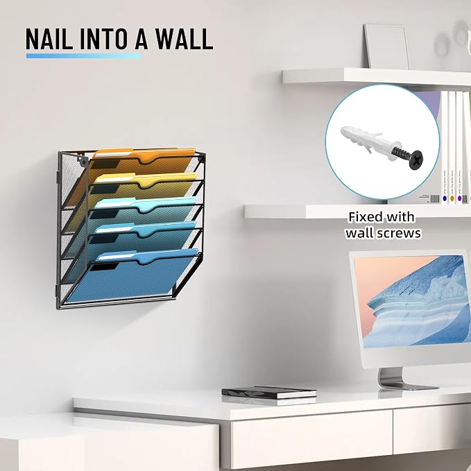 5-Tier Hanging Wall File Organizer with Hooks for Office Organization | Mesh Wall File Holder, Mail Organizer Wall Mounted for Papers, Documents, Folders and Magazines in Home Office, Classroom
