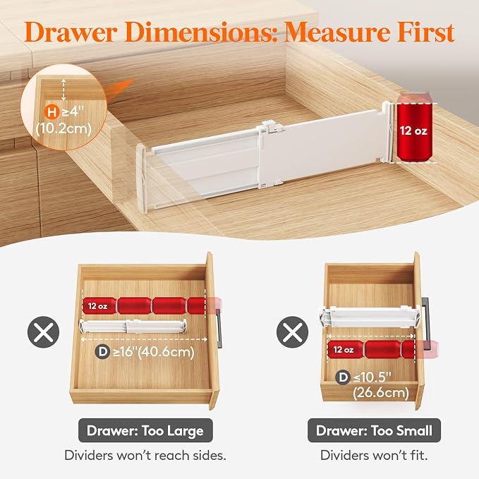 Lifewit 12 Pack Drawer Dividers for Clothes, 4" High 10.5"-16.5" Expandable Dresser Drawer Organizers, Adjustable White Plastic Separators for Kitchen, Cabinet, Nursery, Socks & Underwear Storage