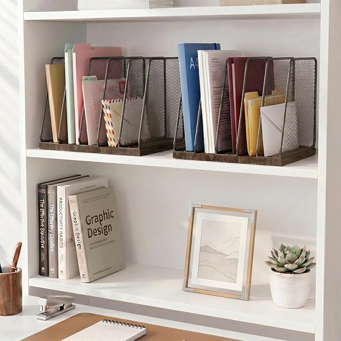 5-Section Vertical File Organizer for Desk, Sturdy Wood Base & Metal Mesh Desktop File Holder, Upright Paper Folder Sorter for Office Supplies（Rustic Brown）