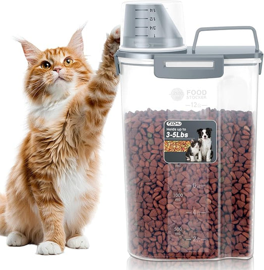 Dog Cat Food Storage Container with Cup (Dark Gray, 2.5L) | Pet Food Pourable Container Airtight with Large Spout, BPA-Free Plastic Food Dispenser for Pet Food, Bird Seed, Rice, Flour