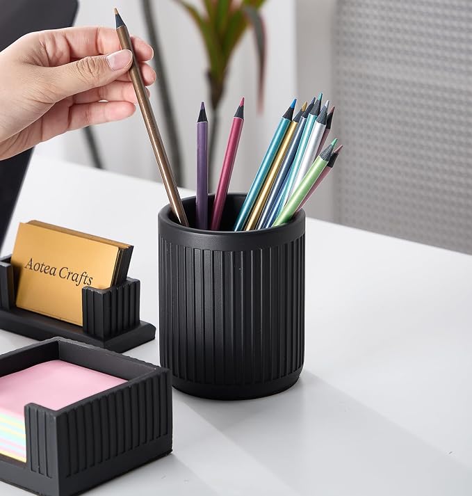 Set of 4 -Concrete Office Desk Accessories for Men-Modern Industrial Decor | Aesthetic Desk Organizers-Pen,Business Card,Sticky Note &Paper Clip Holders