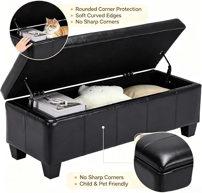 41.5 Inch Black Faux Leather Storage Ottoman Bench with Slow-Close Hinge | 2.8 cu ft hidden storage,660 lbs weight capacity,solid wood legs,fits entryway bedroom living room