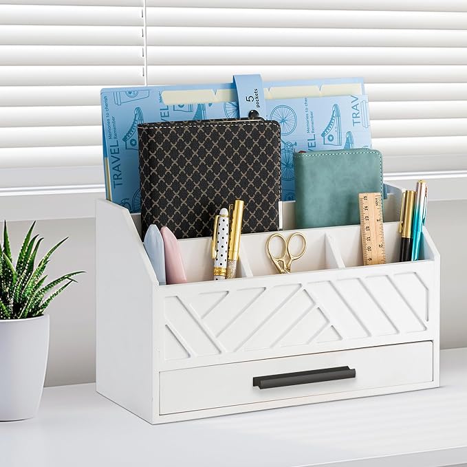 dreampossible Wood Desk Organizer and Accessories with Drawer, Bill Mail Organizer and File Mail Holder for Office Supplies, Modern Desk Accessories & Workspace Organizers for Desk Organization