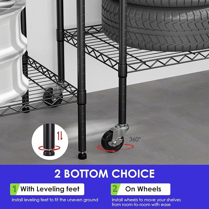 FDW | 6-Tier Wire Storage Shelves with Wheels | 45"x18"x82" | Black | Adjustable Racks | Heavy-Duty Metal Shelf, Holds Upto 2100 lbs | Tool-Free Assembly, Rust-Resistant | for Home & Garage Shelving | Storage Shelves with Adjustable Racks, Holds upto 5...