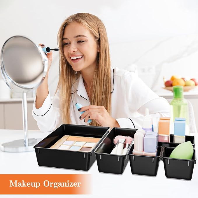 SpaceHacks 25 PCS Plastic Drawer Organizer Set, 4-Size Versatile Organizer Trays & storage Bins for Makeup, Jewelry, and Gadgets in Bathroom, Bedroom and Office, Black