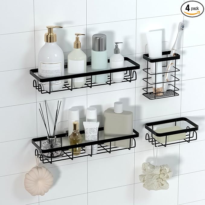 Shower Caddy Organizer with Hooks,Self Adhesive Bathroom Shelves,No Drilling Bathroom Organizers and Storage,Perfect for RV, Apartment, Home Decor,Black 4PCS
